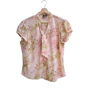 Pink Windmill Print Blouse with Mother of Pearl Buttons, Size Large